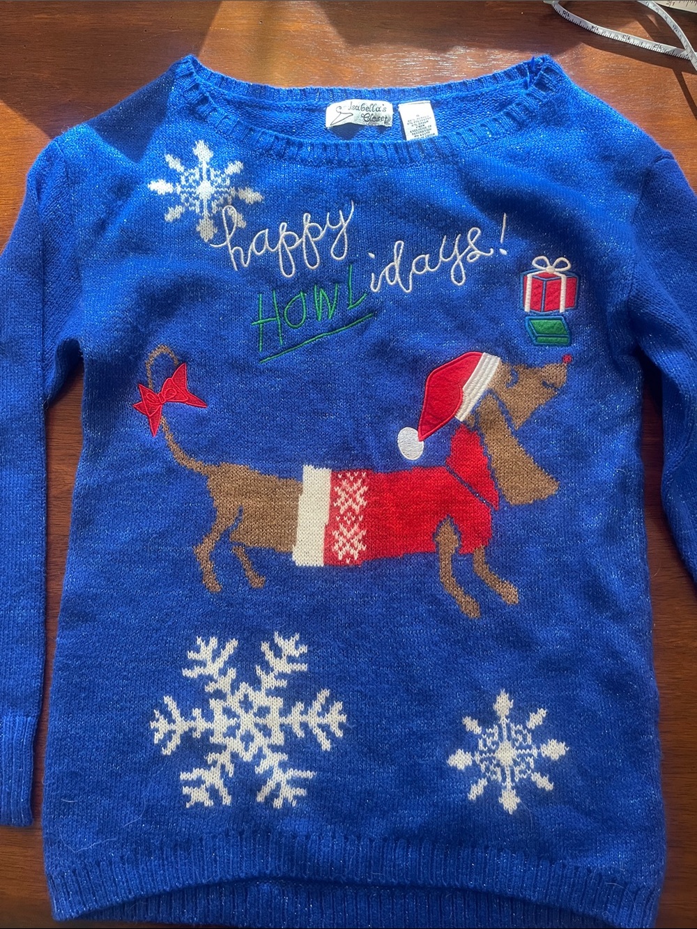 Dachshund holiday ugly christmas blue sweater embroidered vintage Isabella’s